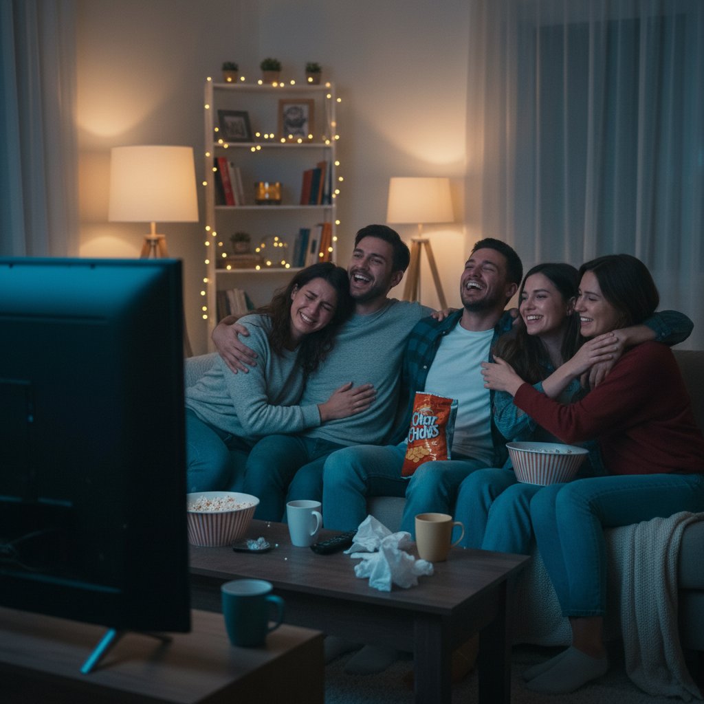 Friends sharing emotional movie night at home, group, laughter, tears, community