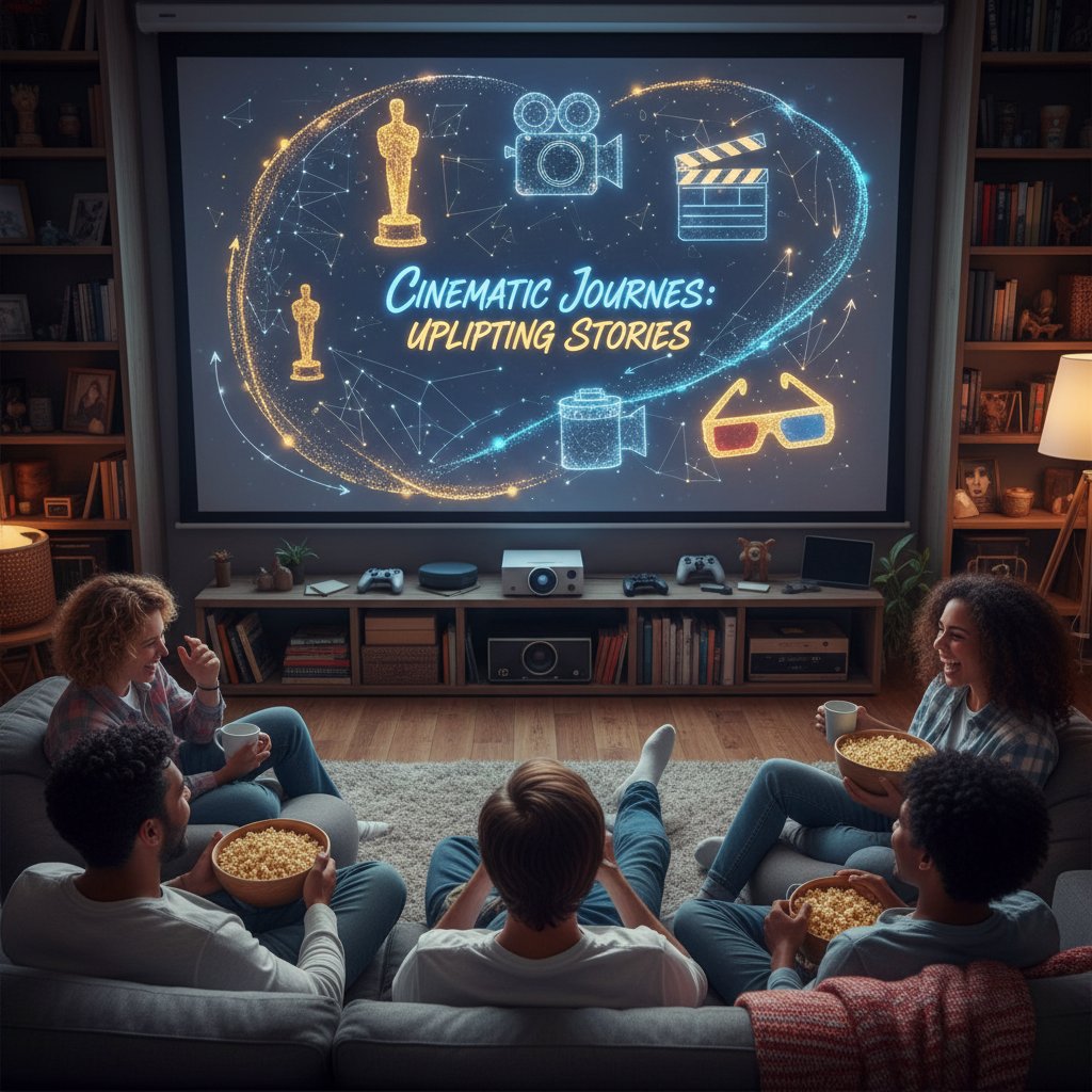 Friends watching a film together in a cozy room, floating film icons and data visualizations surround them, hopeful and uplifting mood