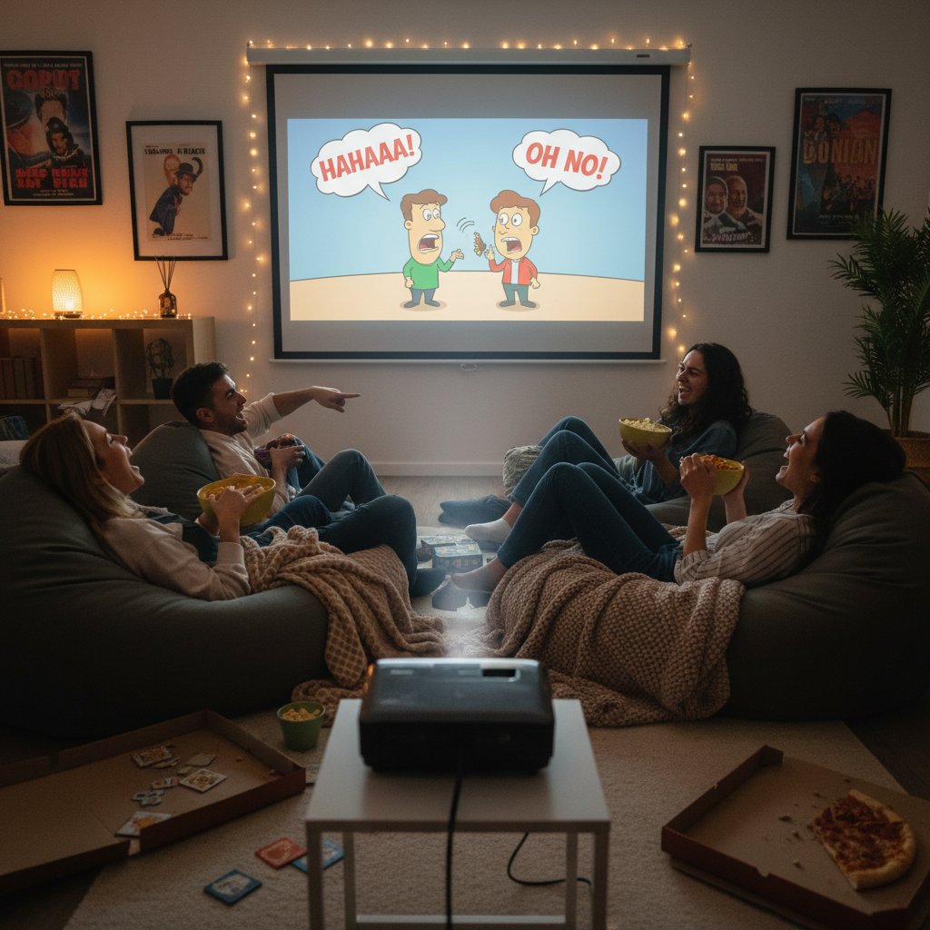 Friends watching unintentionally funny movie together, projector, laughter, snacks, movie accidental comedy cinema