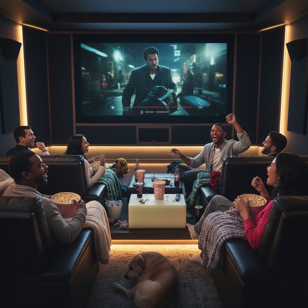 Friends watching Will Smith movie at home, lively atmosphere; Alt: Group of friends enjoying Will Smith film together for movie night