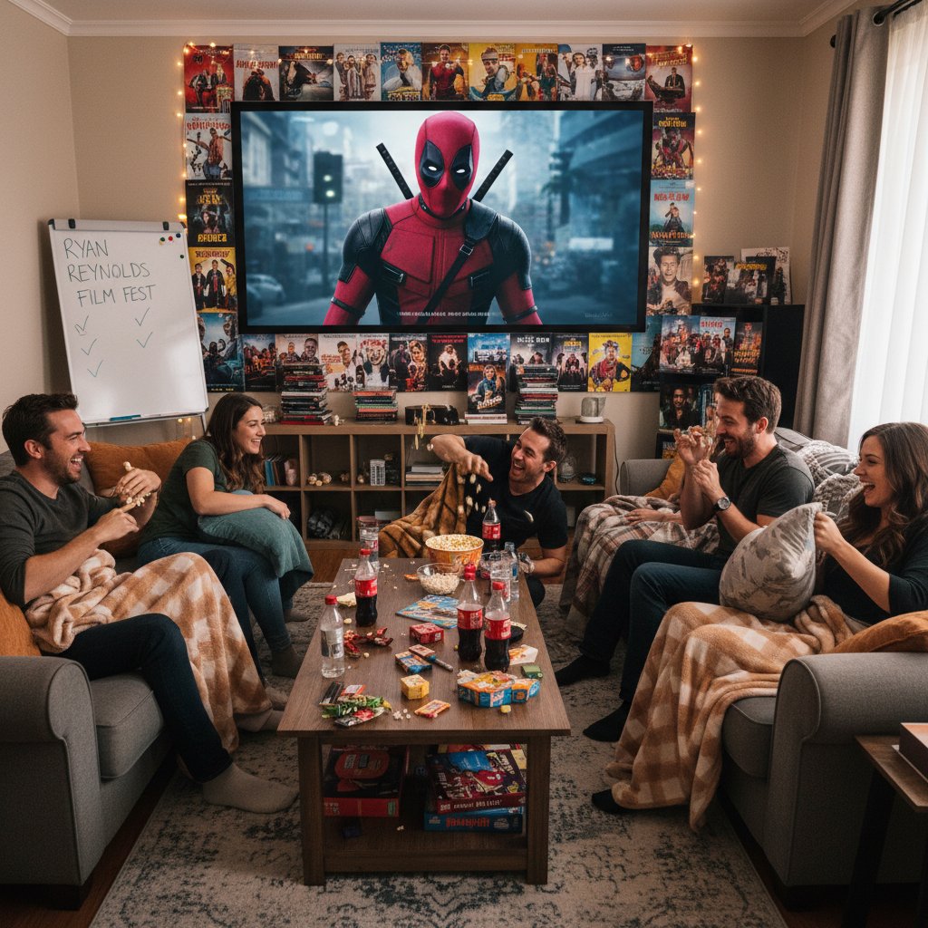 Group movie night with Ryan Reynolds films, playful and lively at home
