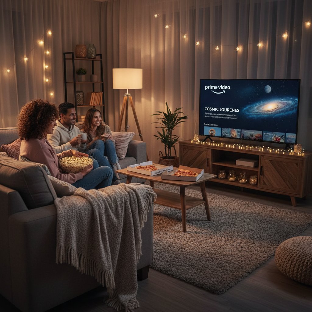 Joyful friends watching amazon prime movies together, cozy living room, laughter, movie night