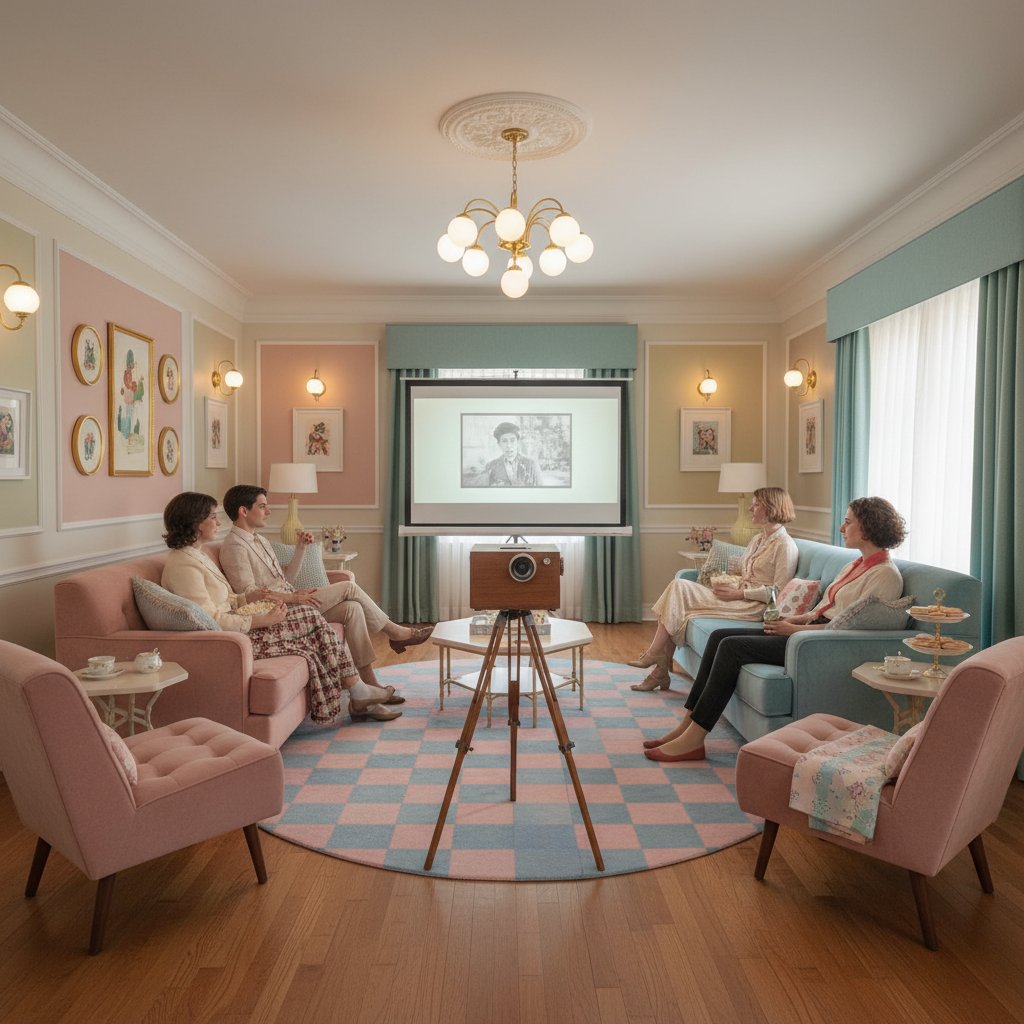 Group of friends in a pastel living room, watching a Wes Anderson movie marathon