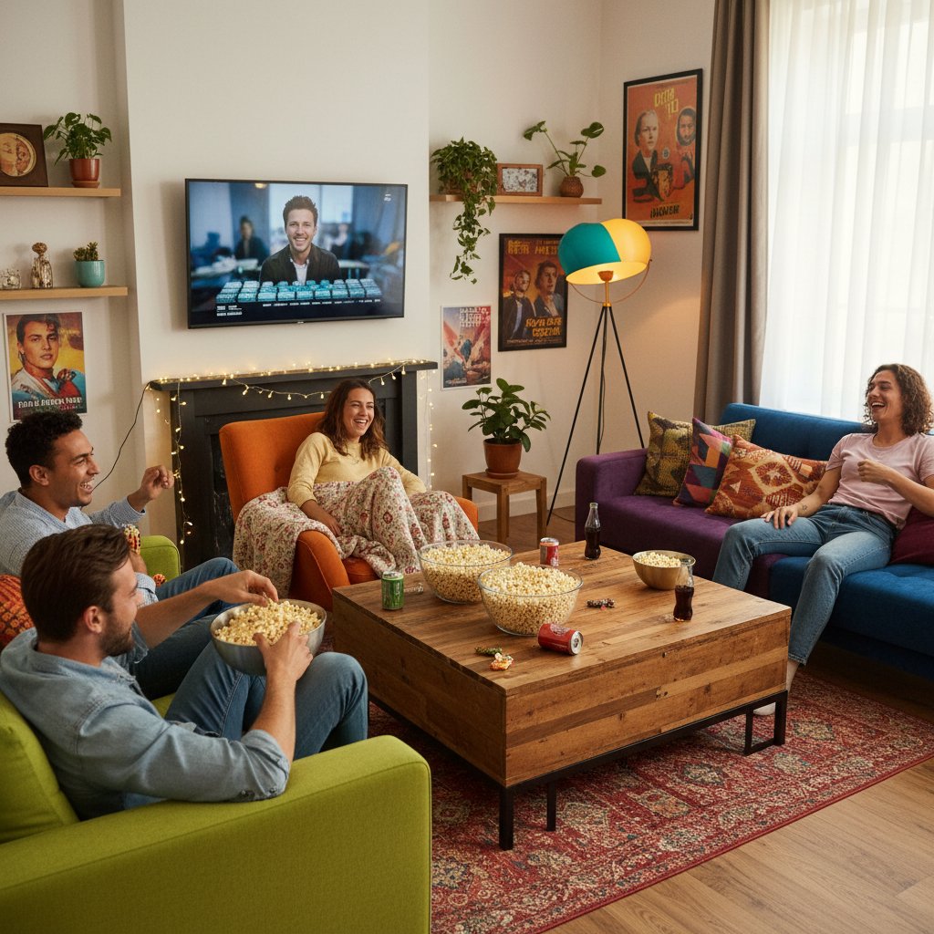 Group of friends enjoying a Samuel L. Jackson movie marathon, popcorn flying, vibrant living room