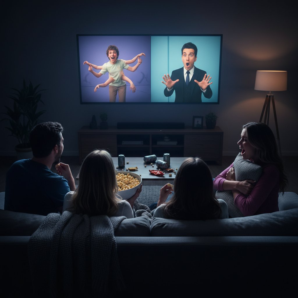 A group laughs together during a movie marathon watching transformation comedies, dramatic lighting, popcorn