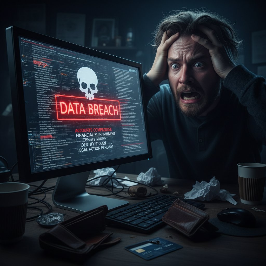 Przerażona osoba patrząca w monitor – konsekwencje przestępstwa internetowego