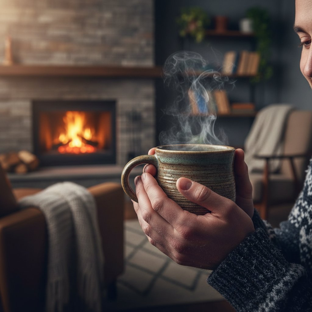 Osoba ogrzewająca odmrożone dłonie w kubku z ciepłą wodą w domu