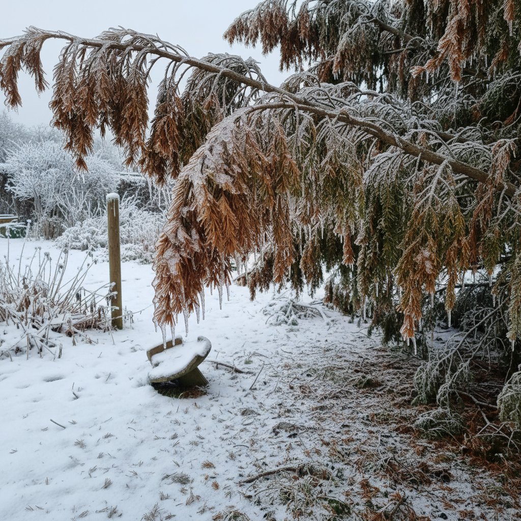 Zbliżenie na przemarznięte i uschnięte igły świerka po zimie w polskim ogrodzie