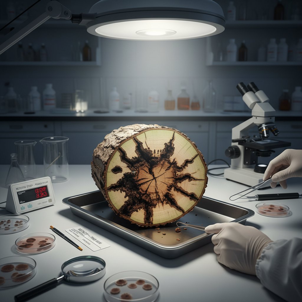 Przekrój pnia drzewa z martwicą kory, szczegółowe zdjęcie laboratoryjne