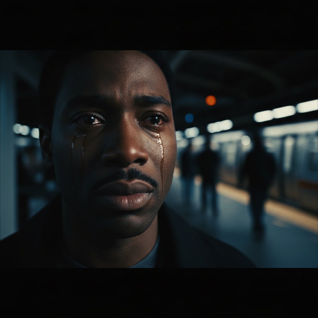 Gritty, emotional movie still recreated with high-contrast AI art