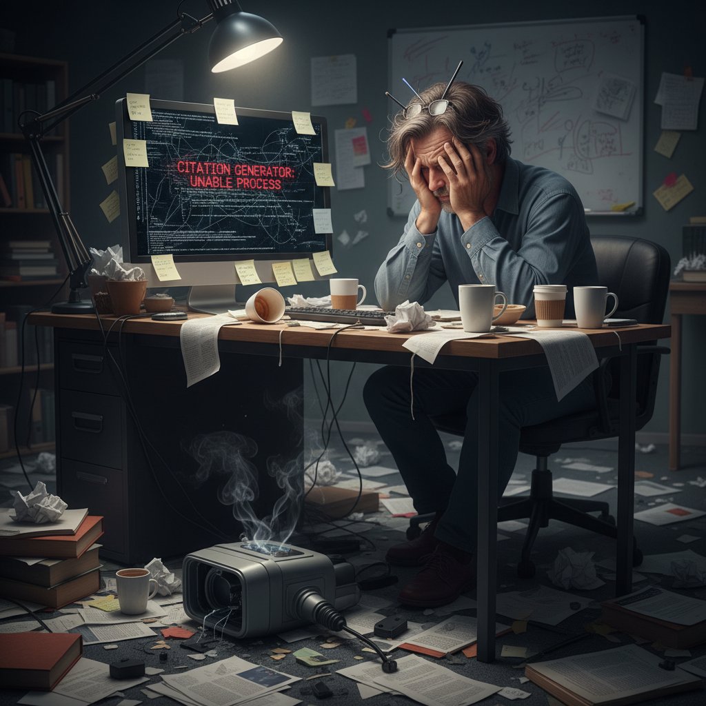 A frustrated academic staring at a red error screen on their laptop surrounded by discarded drafts and coffee cups, representing citation tool failure