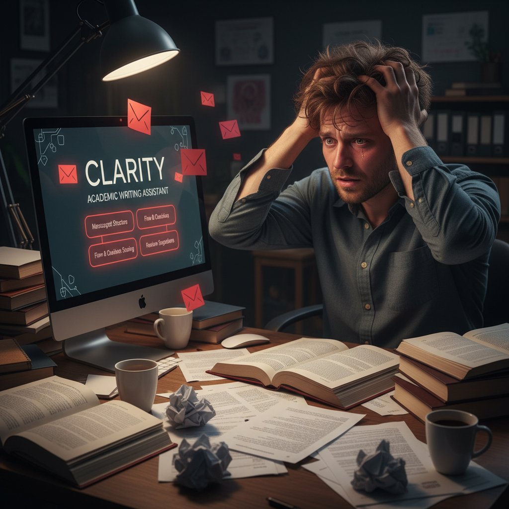 Frustrated academic with rejected manuscripts on desk, highlighting clarity issues in academic writing tools