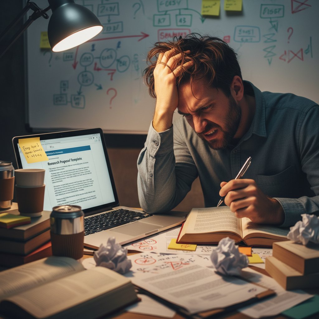 Academic frustrated with official research proposal forms, surrounded by crumpled templates and handwritten notes