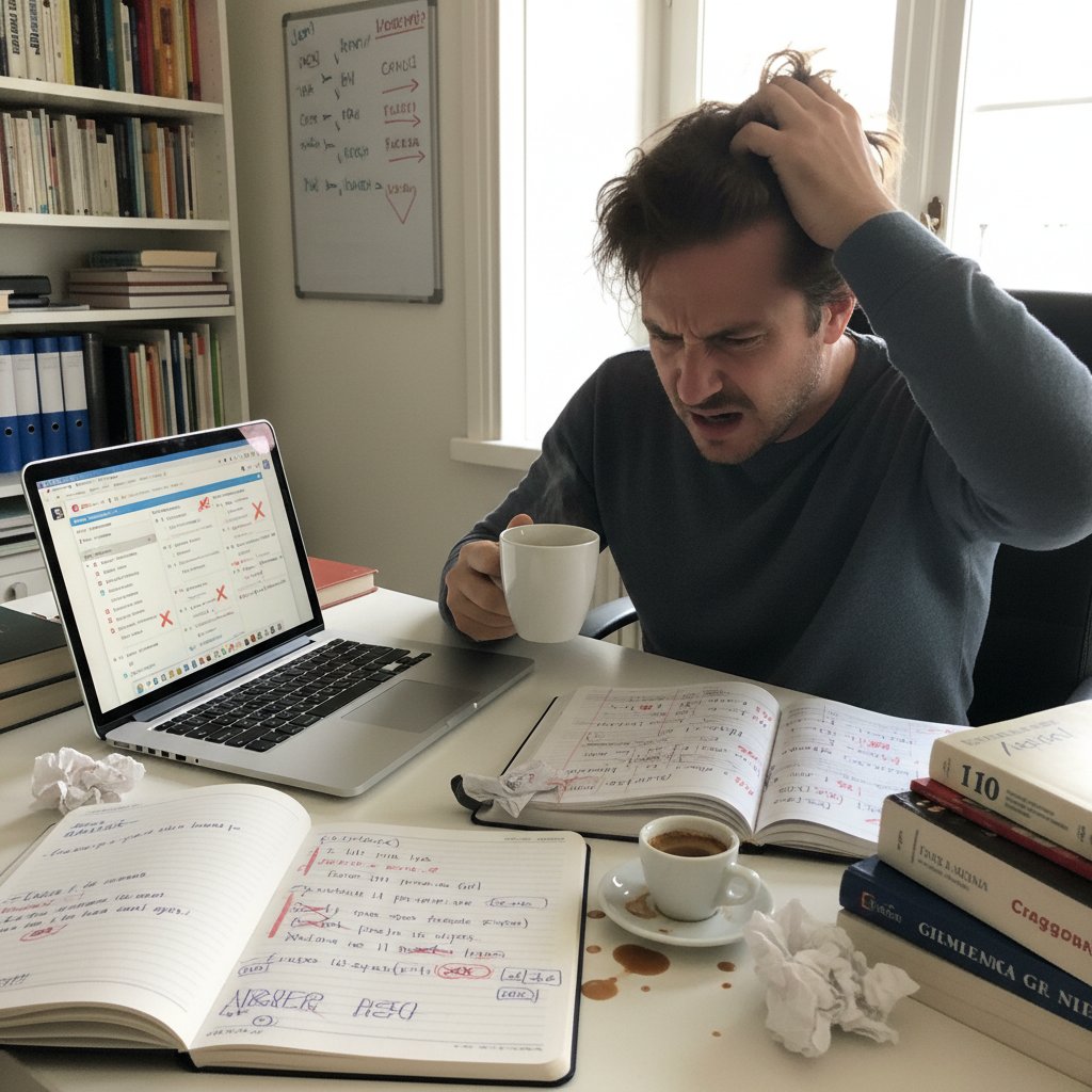 Dorosły sfrustrowany podczas nauki włoskiego online, z zamyślonym wyrazem twarzy i otwartym laptopem