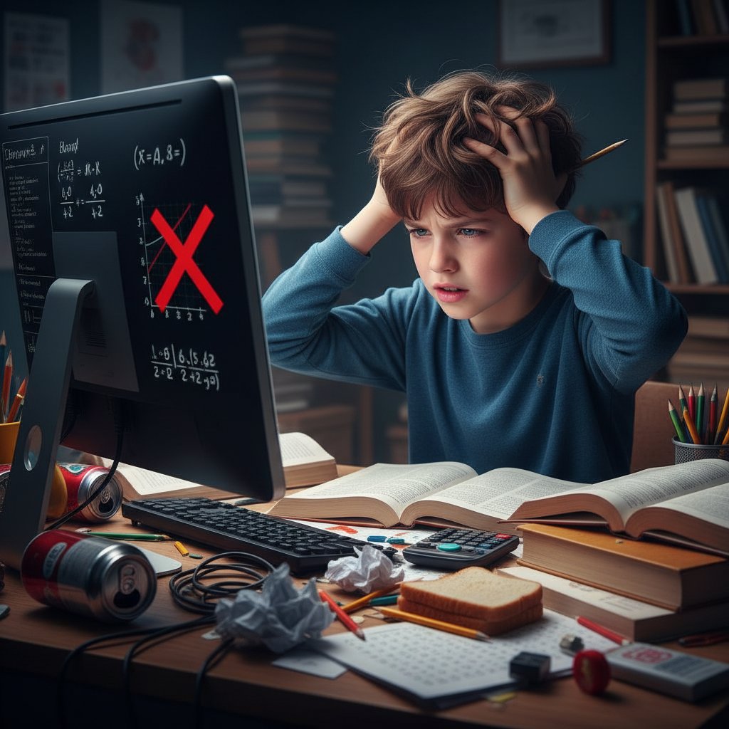 Chłopak sfrustrowany podczas lekcji online, komputer, notatki, bałagan na biurku