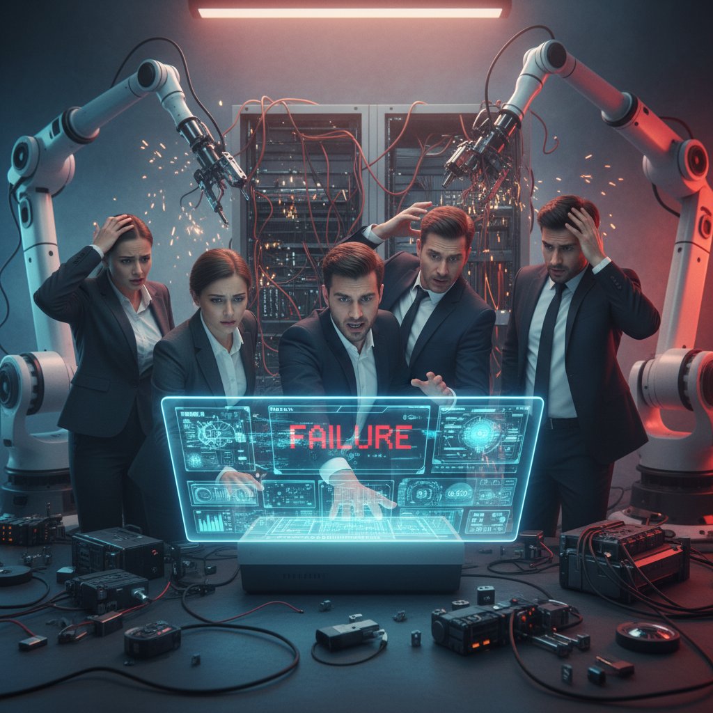 Photo of frustrated business team with malfunctioning smart system in the background, symbolizing automation failures