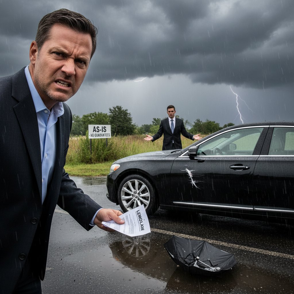 Frustrated car buyer on the phone next to a delivered car in overcast light, emphasizing risk and reality