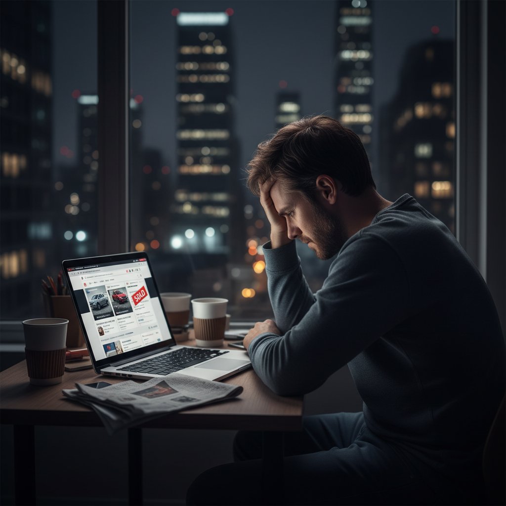 Frustrated car buyer lost in a maze of glowing screens at night, symbolizing automotive website confusion
