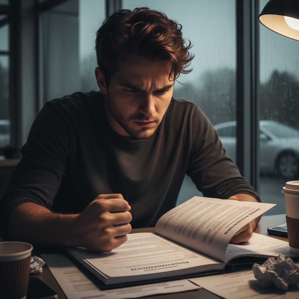 Close-up photo of a frustrated car buyer at home, contract in hand, moody lighting
