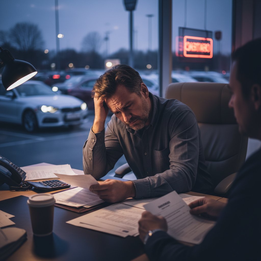 Frustrated buyer sitting outside a dealership at dusk, keys clutched, showing the emotional toll of negotiation mistakes