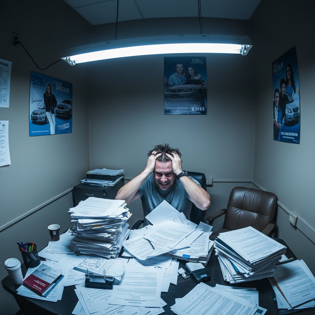 A car buyer surrounded by paperwork and confusion in a dealership office, highlighting car buying complaints and solutions