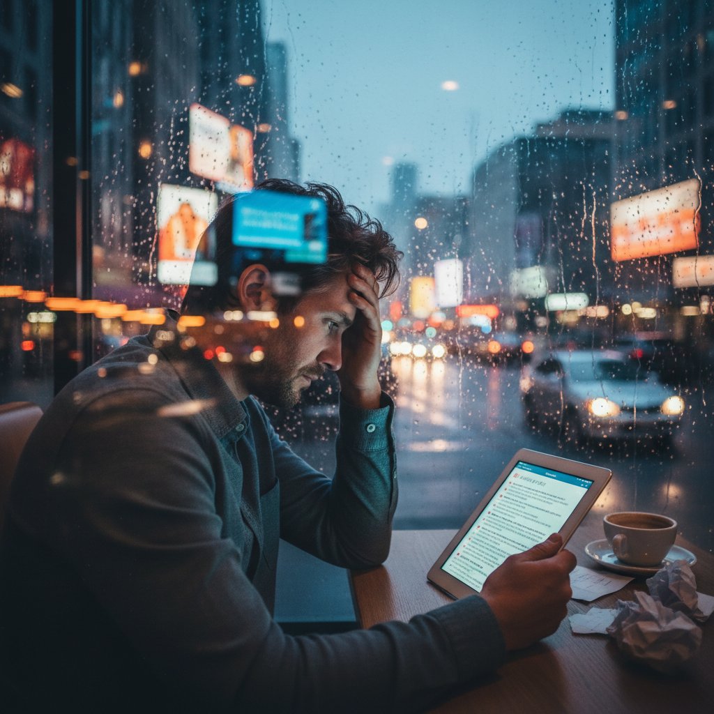 Frustrated buyer reading car reviews on phone with city reflections