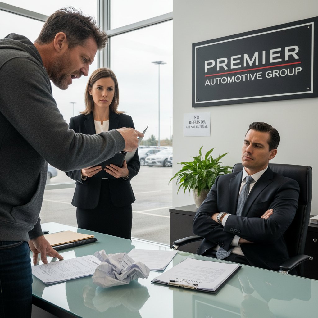 Car buyer confronting dealership over a hidden lien issue, symbolizing car buying and consumer protection battles