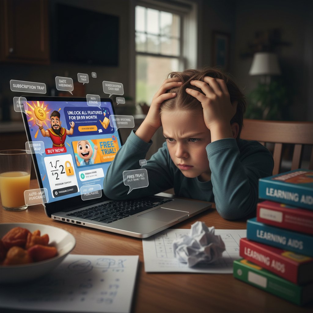 Dziecko sfrustrowane przy komputerze, matematyka klasa 3 online, reklamy, ukryte koszty, domowa scena