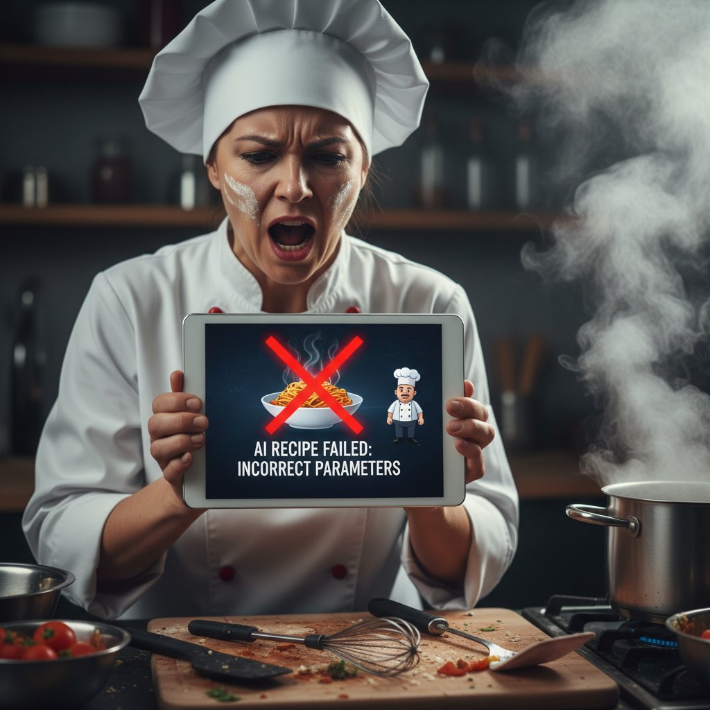 Zdjęcie osoby sfrustrowanej przy kuchennym blacie, smartfon z aplikacją kulinarną pokazuje błąd