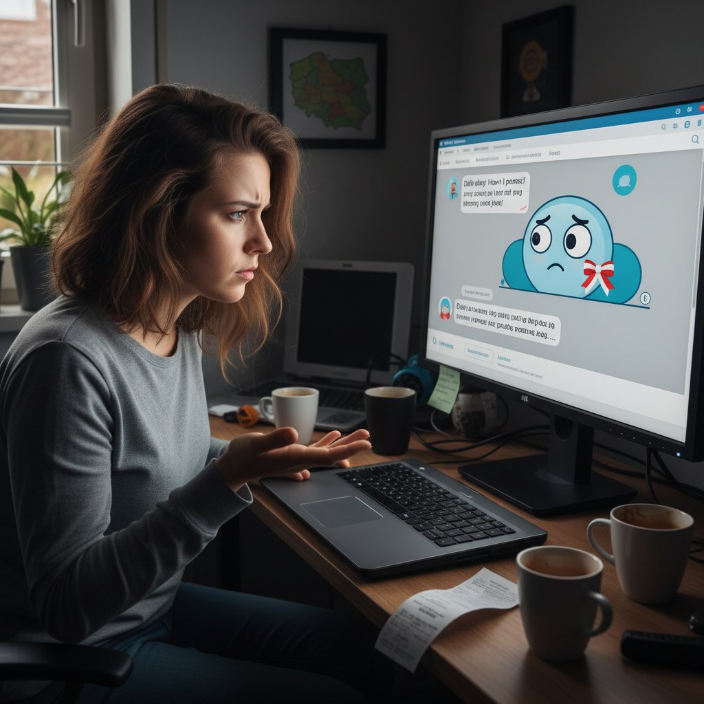 Klient niezadowolony z AI na stronie sklepu, frustracja przy komputerze, obsługa klienta AI