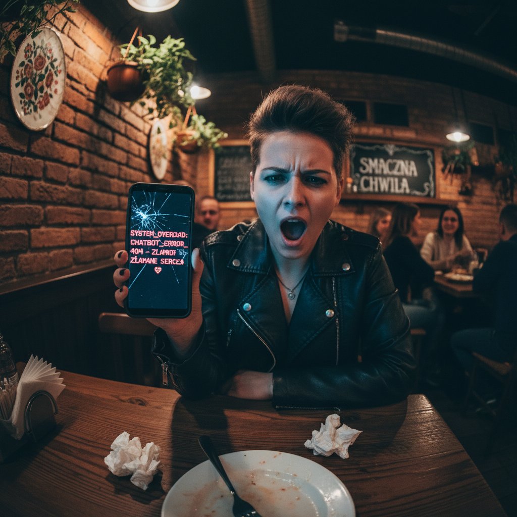 Klient zirytowany błędem chatbota w restauracji – ekran smartfona z komunikatem o błędzie, tło bistro