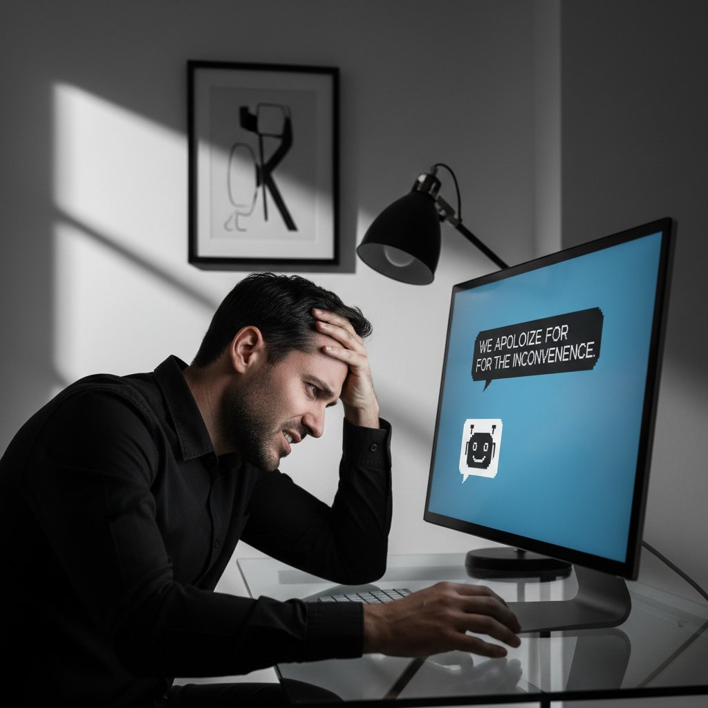 Zniecierpliwiony klient patrzący na ekran chatbota, obsługa klienta AI w Polsce