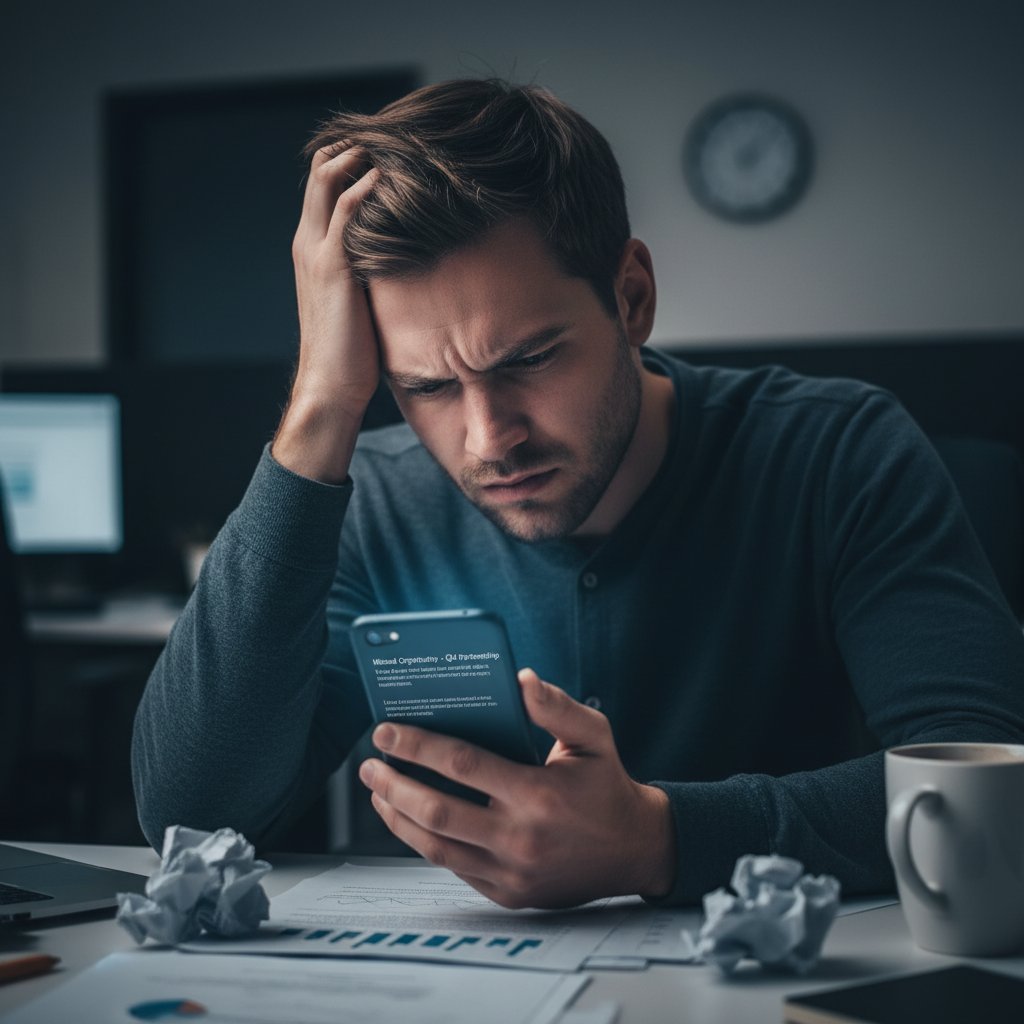 Sfrustrowany klient sprawdzający skrzynkę email, nie otrzymując odpowiedzi, symbolizujący stratę szansy biznesowej