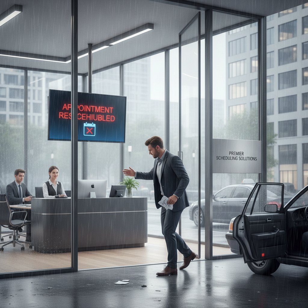 Klient opuszczający biuro poirytowany po nieudanej rezerwacji wizyty