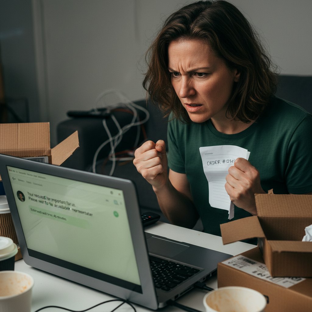 Klient sfrustrowany błędami obsługi w sklepie internetowym