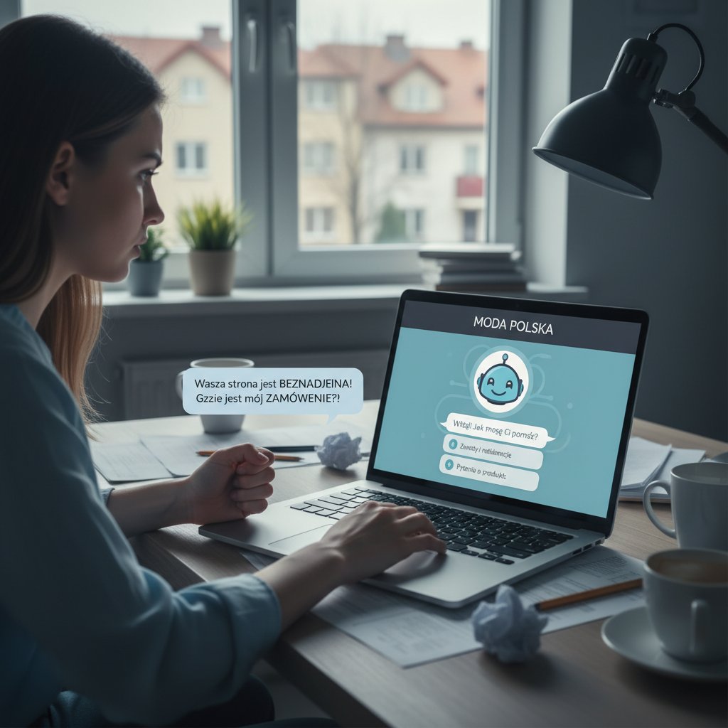 Ekspresyjny klient rozmawia z chatbotem na ekranie w polskim sklepie internetowym