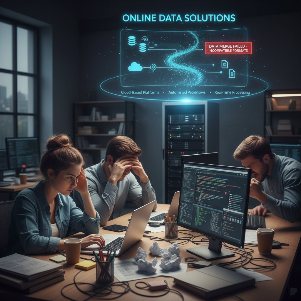 Frustrated data analysts facing technical challenges with online data analysis solutions
