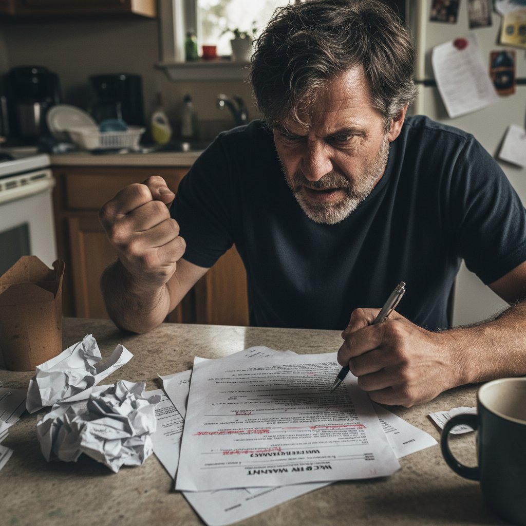 Frustrated driver with dense car warranty contract at kitchen table, tense gritty atmosphere