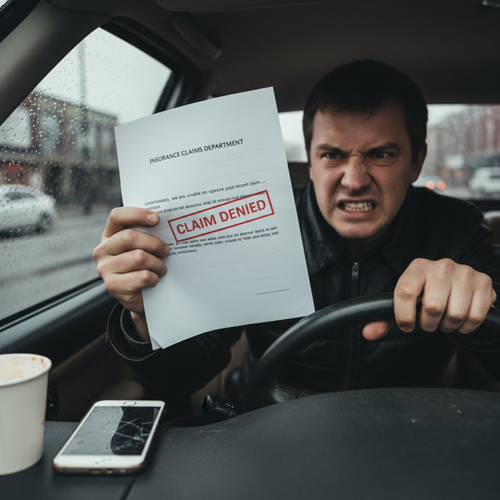 Driver reacting to denied comprehensive insurance claim