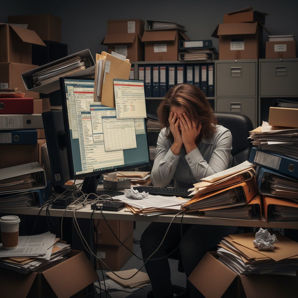Frustrated employee surrounded by both paper files and a cluttered computer interface, illustrating document data chaos
