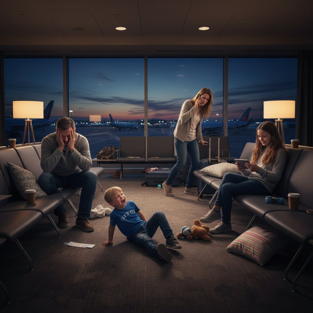 Rodzina sfrustrowana opóźnieniem w poczekalni lotniska – wieczorna scena, kontrastujące nastroje, realistyczne ujęcie
