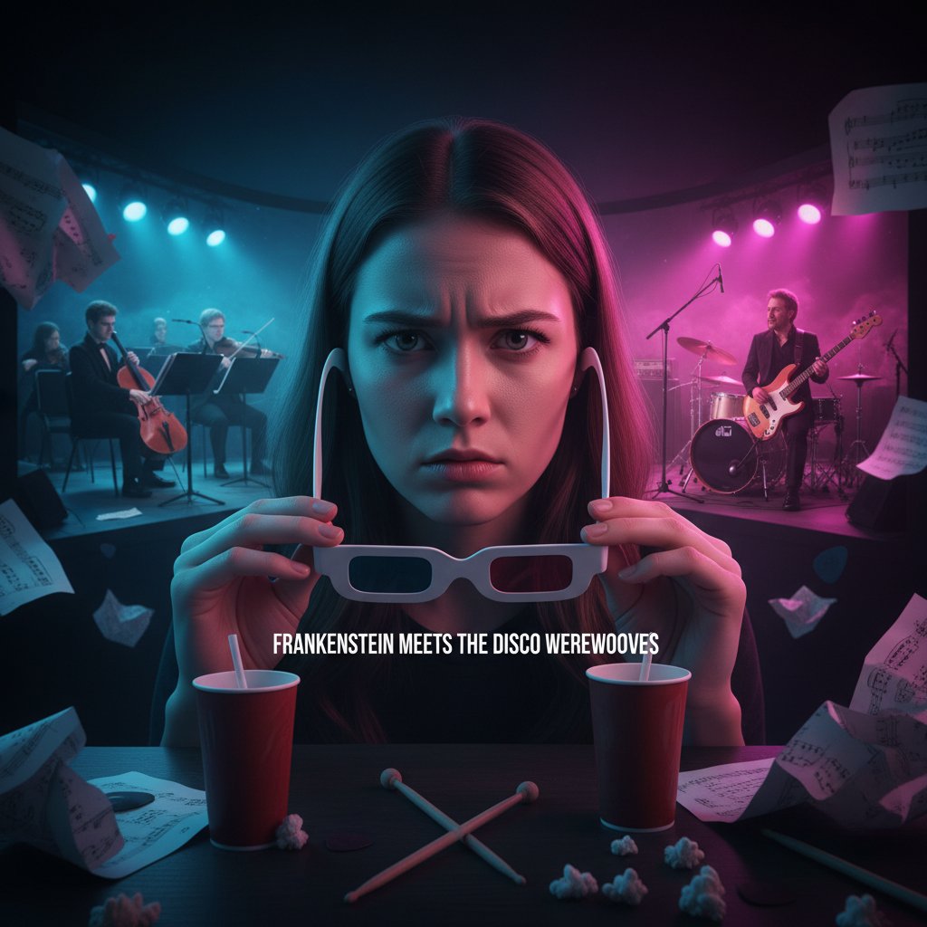 Photo of a frustrated film viewer, hands over ears, mismatched movie and music elements in background