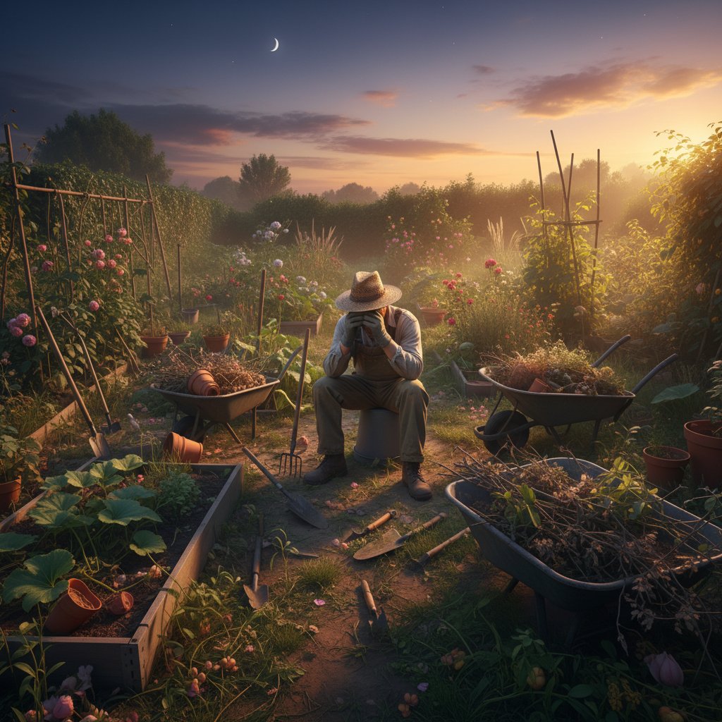 Sfrustrowany ogrodnik amator w chaotycznym, zaniedbanym ogrodzie, wokół rozrzucone narzędzia, zmierzch