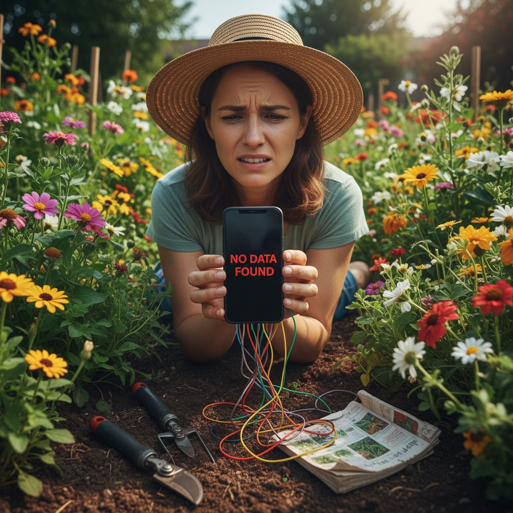 Sfrustrowany ogrodnik patrzy na pusty ekran telefonu po utracie danych