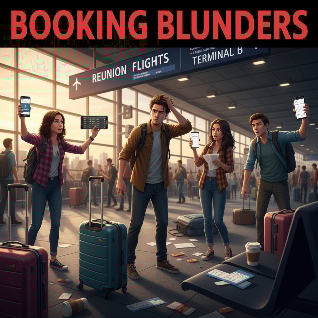 A frustrated group leader looks over a sea of mobile phones and paper tickets, signaling booking errors for reunion flights