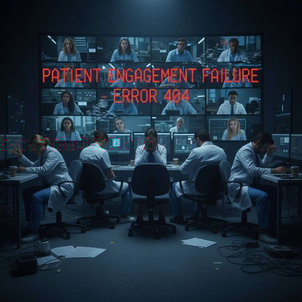 Photo of a frustrated healthcare team in a control room, faces tense, screens showing poor engagement stats