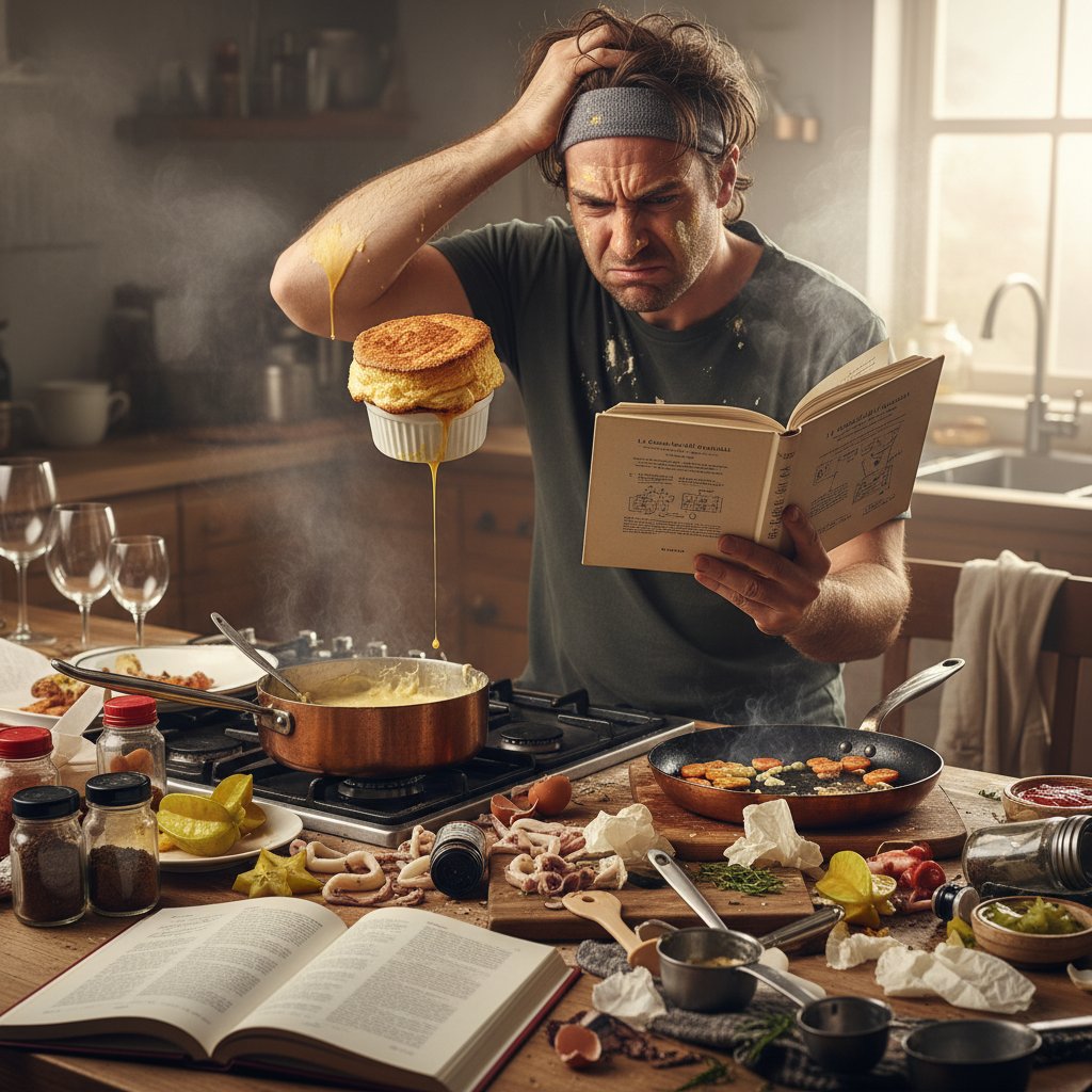 Zbliżenie na rozczarowaną osobę, która próbuje skomplikowanego przepisu z poradnika kulinarnego, kuchnia domowa, słowa kluczowe: nauka technik kulinarnych, porażka w gotowaniu