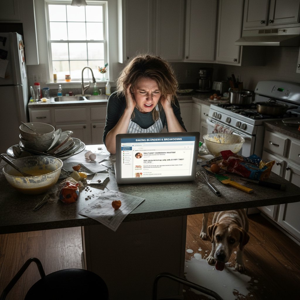 Stresująca scena w kuchni: osoba szukająca rozwiązania na forum internetowym