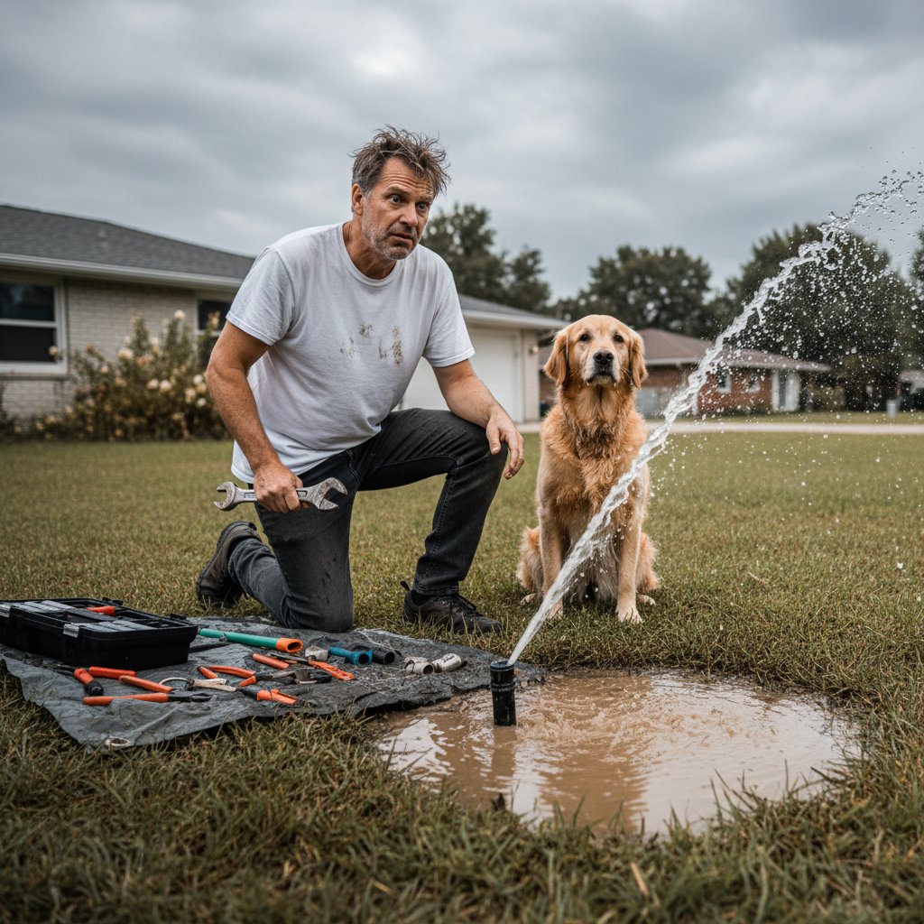 Właściciel ogrodu naprawiający wadliwy zraszacz