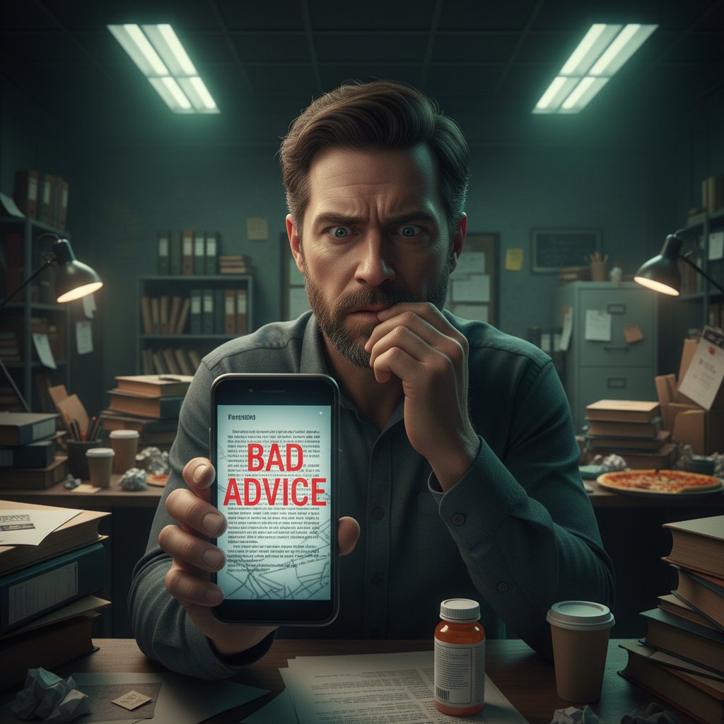 Mężczyzna sfrustrowany po przeczytaniu błędnej porady prawnej online, nerwowe otoczenie, smartfon